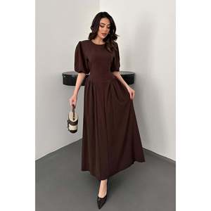 Elisa Fashion Woman Brown <b>Back</b>-<b>Tie</b> Gathered Linen Dress-Brown - Product Image 2