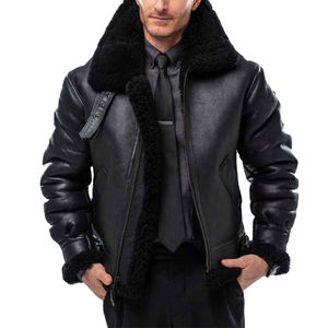 OEM Black <b>Aviator</b> Bomber Shearling <b>Jacket</b> for <b>Men</b> Waist Belt Custom Premium Leather Outerwear for Winter Made Sialkot Pakistan - Product Image 3