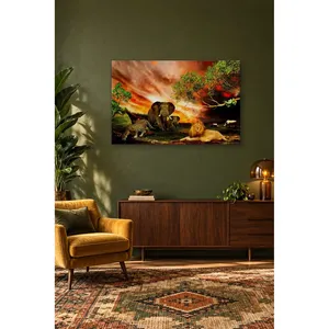 Impression sur toile Fida Lion, éléphant et léopard sous un ciel rouge - Product Image 2