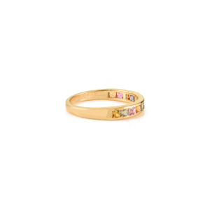 Bague demi-éternité unisexe en or jaune 14 carats, sertie de saphirs multicolores arc-en-ciel, faite à la main, empilable, bijoux en pierres précieuses - Product Image 5