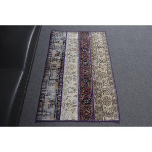 Alfombra Turca Vintage de 2.5x4.1 pies (75x125 cm), Alfombra Azul con Diseño de Patchwork - Product Image 1