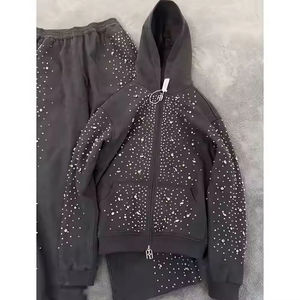 Vêtement de sport d'hiver personnalisé en gros, décontracté, vintage, délavé à l'acide, imprimé, écologique, avec capuche en polaire, strass, 440 g/m² pour hommes - Product Image 3