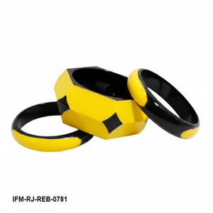 Conjunto de 3 Brazaletes de Resina Gruesos Amarillo y Negro, Brazalete Geométrico Hexagonal, Joyería Artesanal de Estilo Moderno para Mujer - Product Image 3