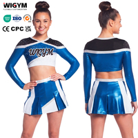 Seragam Cheerleading Biru Kustom dengan Logo Depan Berhias Berlian Imitasi untuk Dewasa, Perlengkapan Kompetisi, Layanan OEM, Elastisitas Spandex/Katun