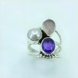 Navya Craft Handmade 925 Sterling Silver Boho <b>Statement</b> <b>Ring</b> Triple Gemstone Amethyst Rose Quartz Pearl Custom Size 4 Gift - Product Image 6
