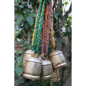 Shabby Chic Rustic Vintage Antique Tin Cow Bells Set of 6 Decorative Hanging Bells with Braided Sari Fabric Handle <b>Music</b> <b>Boxes</b> - Product Image 2