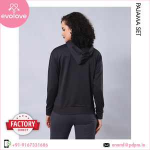 100% algodón solo Jersey tipo de tela señoras ropa de dormir de punto mangas completas 2 piezas conjunto de pijama con capucha para mujer - Product Image 6