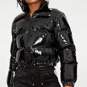 <b>Women</b> Cropped Puffer <b>Jacket</b> Winter Shiny <b>Zip</b>-<b>Up</b> Short Bubble Puffy Coat Lightweight Warm Outerwear High Collar Elastic Hem - Product Image 3