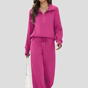 Ensemble de survêtement en molleton uni décontracté pour femmes 100% coton respirant à séchage rapide Vêtement d'intérieur d'hiver Ensemble assorti - Product Image 1