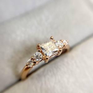 4mm Princess Cut Moissanite Diamond Engagement <b>Ring</b> | Three <b>Stone</b> Round Accents | 925 Sterling Silver 18k Gold Plated Minimalist - Product Image 1