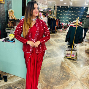 Trending Satin Silk Ready-to-Wear Saree con bordado Trabajo Koti Blusa Totalmente cosida para el verano - Product Image 1