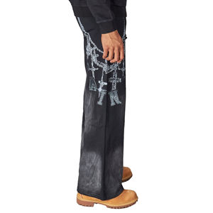 Pantalones Casuales para Hombre, 100% Algodón, Ligeros, de Cintura Media, Lavado Claro, Cierre con Cordón, Estampado Gráfico DTG, Pedrería, Acampanados, Talla Grande - Product Image 3