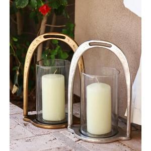 Ideas de decoración de vacaciones, juego de portavelas ecuestre, acabado en oro plateado, estribo de caballo europeo, soporte de tarro para velas, decoraciones de mesa - Product Image 1