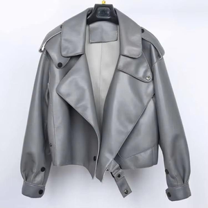 Chaqueta de cuero de gama alta para mujer Piel de oveja genuina Classic Moto Appeal con cuello alto y elegante corte ajustado a medida - Product Image 4