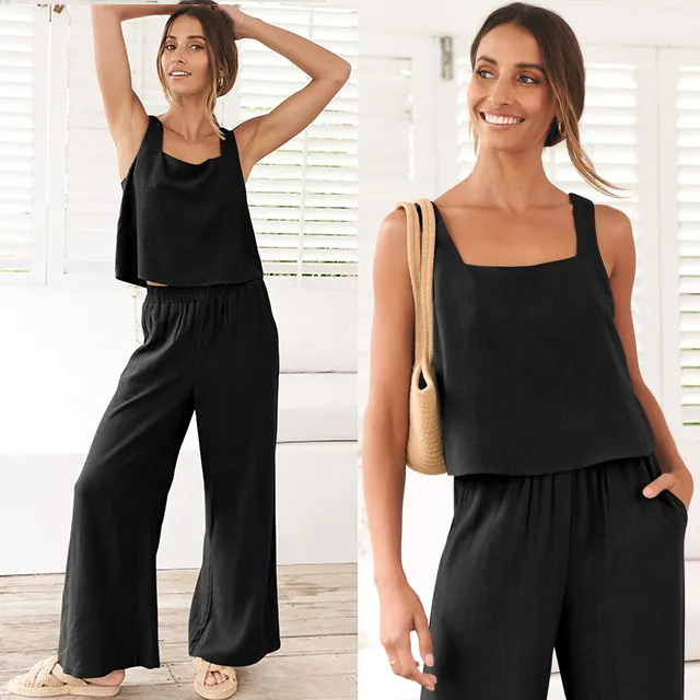 Bán Sỉ Của Phụ Nữ 2 Mảnh Trang Phục Cổ Vuông Linen Tank Crop Top Chân Rộng Quần Phù Hợp Với Phòng Chờ Đặt Tracksuit