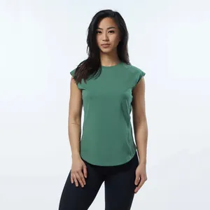 Performance Fit 95% Katoenen 5% Spandex Getailleerde Muts Mouwen Raglanvormige Crew Halslijn Vrouwen Luxe Groen T-Shirt Met Ronde Zoom