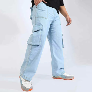 Custom Lightweight Casual <b>Men's</b> Baggy Street Wear Style Denim <b>Jeans</b> Side Button <b>Flared</b> Stacked Design Breathable Comfortable - Product Image 1