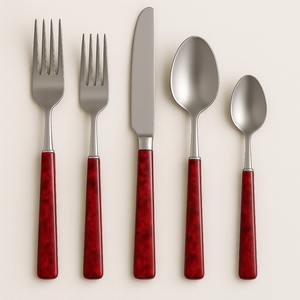 Couverts en acier inoxydable à manche en résine marron vintage, couverts de 5 pièces, fourchette à polir miroir, cuillère, couteau, table déco moderne premium - Product Image 2