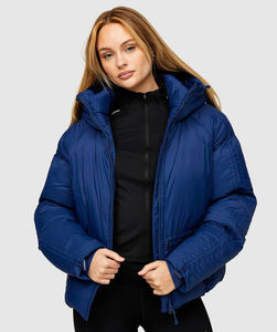 OEM Manteau d'hiver en duvet pour femmes Toile respirante Capuche à fermeture éclair complète avec col montant Veste à bulles solide en cuir de mouton - Product Image 4