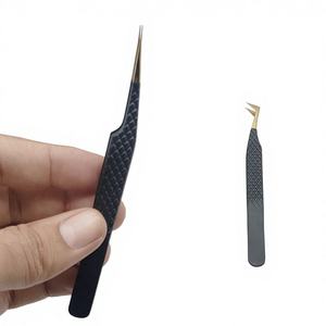 Pince à épiler d'extension de cils en acier inoxydable durable en fibre d'or rose de type L Volume russe Isolation noire pointue - Product Image 1