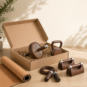 Kit d'entraînement de force premium pour la maison, ensemble d'équipements de fitness en bois, <span class=keywords><strong>kettlebell</strong></span>, rouleau abdominal, barres de pompes, corde à sauter, tapis de yoga en liège - Product Image 2