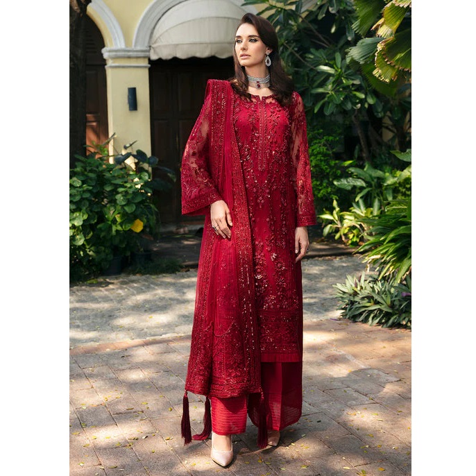 open lace back dress Red crinkle chiffon dress for party wear embroidered  Nameera by Farooq
