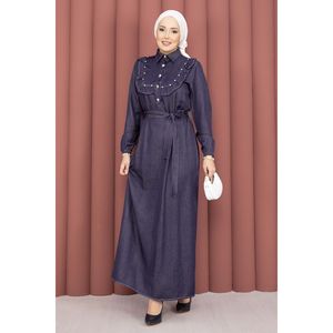Robe en denim Tencel bleu marine avec col à volants, style chemise décontractée semi-boutonnée, manches courtes, plissée, pour l'été - Product Image 4