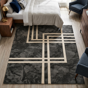 Luxury Modern Geometric Line Pattern Hand-Tufted Premium Black/Beige Abstract Area Rug for Living Room & Bedroom - Product Image 2