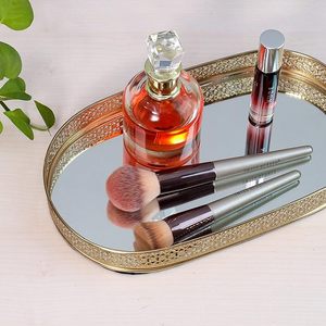 UNA ARTESANÍA DE MODA Espejo de vidrio ovalado Bandeja chapada en oro Tocador decorativo Perfume Almacenamiento Pooja Boda (28X16 cm) - Product Image 4