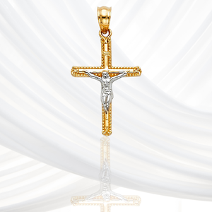 Colgante de cruz cristiana Chapado en dos tonos de oro amarillo de 14K de tendencia vintage Accesorio clásico religioso para niños - Product Image 4