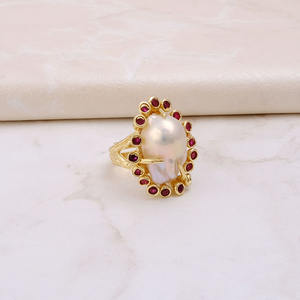 Anillo de granate chapado en oro hecho a mano de estilo bohemio, Perla de agua dulce natural, piedra preciosa con ajuste de Garra Para ocasiones de fiesta - Product Image 4