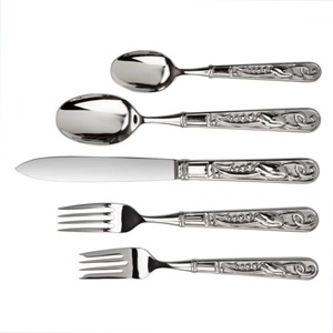 Juego de cubiertos de calidad superior de la India, acero inoxidable con acabado de espejo y mangos de latón, incluye 5 piezas, tenedor, cuchara, cuchillo - Product Image 2