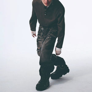 เสื้อฮู้ดดี้ผู้ชายทรงบ็อกซี่ แขนยาว คอเปิด ติดกระดุมครึ่งตัว ผ้าเทอร์รี่คุณภาพสูง ลุควินเทจ ผ้าฝ้ายฟอกทรงโอเวอร์ไซส์ - Product Image 6