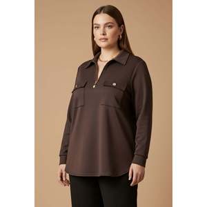 Blouse en modal tricoté à col yaka avec fermeture éclair, grande taille, couleur café - Product Image 1