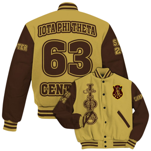 Iota Phi Theta Brown Gold Heritage 1963 Letterman Jacket Varsity Greek Life Fraternity Apparel Vêtements d'extérieur classiques pour campus - Product Image 6