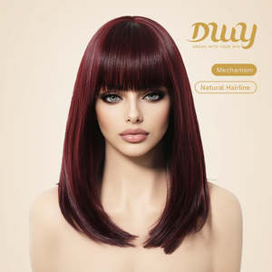 Lila-DWY 14 Inches Burgundy Glueless Machine Made Synthetic <b>Wig</b> with Bangs Mid-Length Straight for Sleek Modern Look for Women - Product Image 3
