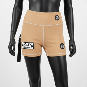 กางเกงขาสั้นออกกำลังกายผู้หญิง คุณภาพสูง 245 GSM ผ้าริบถัก โพลีเอสเตอร์ สแปนเด็กซ์ สีเบจ แต่งแถบปักโลโก้ ทรงบู้ตี้ - Product Image 6