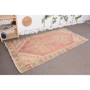 Vintage Beige Pink Wool Rug 3.9 X 8.2ft Boho Patchwork Design Latex Living <b>Room</b> <b>Carpet</b> for Hallway Rectangle Puzzle Abstract - Product Image 2