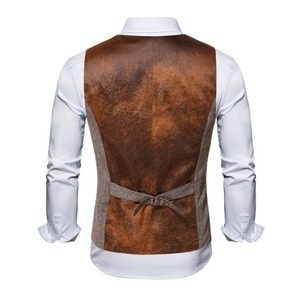 Gilet d'hiver rétro en cuir véritable et toile pour homme, veste décontractée à simple boutonnage, coupe ajustée pour costumes et tenues professionnelles - Product Image 3