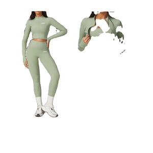 New 3 Piece Set Solid Front Logo Long Sleeves Custom <b>Workout</b> Wear Suit Women Sportswear Activewear <b>Jacket</b> High Waist Legging Set - Product Image 2