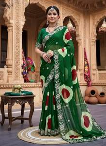 Sari de georgette puro con estampado Sibori Bandhani de Jodhpur y hermoso trabajo Pita en el pallu y borde con trabajo Butti en el sari - Product Image 5