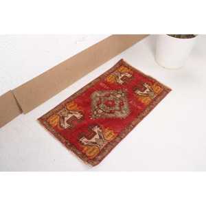 Turkish Small Rug 1.4x2.5 ft, Red <b>Yellow</b> Patchwork Rug <b>Wool</b> - Product Image 4