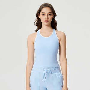 Débardeur de gymnastique rembourré sans manches à contraste de couleur pour femmes vente en gros nouveau printemps coupe ajustée côtelé sans couture hauts de yoga fitness - Product Image 1