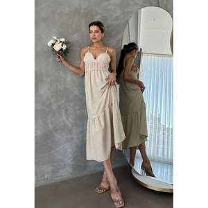 Vestido Casual al Por Mayor de Topshow, Diseño Largo con Tirantes y Cuello en V, Lino Crudo - Product Image 5