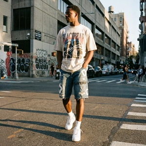 Shorts en jean pour hommes, imprimé puff, streetwear, coupe ample, délavé, écologique, décontracté, demi-pantalon, vente en gros, commande en gros - Product Image 5