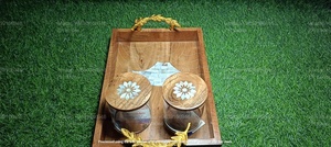 Frascos de almacenamiento acrílicos de lujo con elegantes cubiertas de incrustaciones de concha y bandeja de madera para servir, Colección festiva de regalos de Ramadán y Eid - Product Image 2