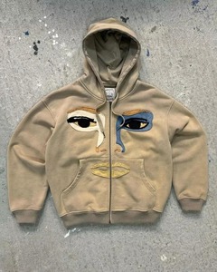 Sweat-shirts à capuche zippés pour hommes, coupe ajustée, respirants, séchage rapide, effet délavé, patchwork appliqué, style Y2K vintage hip-hop - Product Image 6