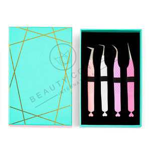 Pinzas de pestañas de acero/Metal ligeras profesionales, 4 Uds., caja de embalaje, volumen, extensiones de pestañas, Punta puntiaguda - Product Image 6