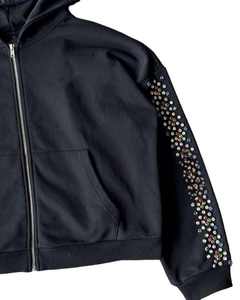 Sweat à capuche zippé en coton épais de haute qualité avec strass, logo personnalisé, streetwear pour hommes, sweat à capuche zippé surdimensionné et court - Product Image 4