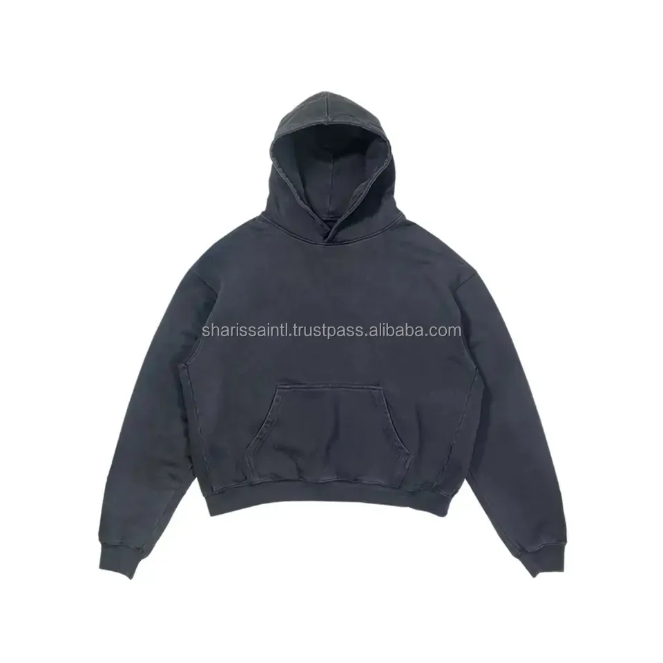 Bestseller Boxy Fit zugeschnitten Puffdruck Grafik 600G Baumwolle Fleece Stone-Wash Black Hoodie Schnitt und Nähte Herstellerunternehmen